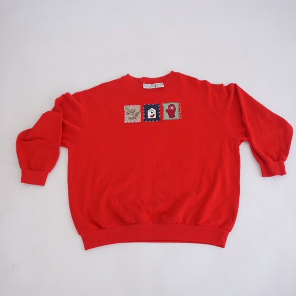 Vintage Basic Editions Red Holly Birdhouse Mitten Patchwork Holiday Sweatshirt X - Picture 1 of 10